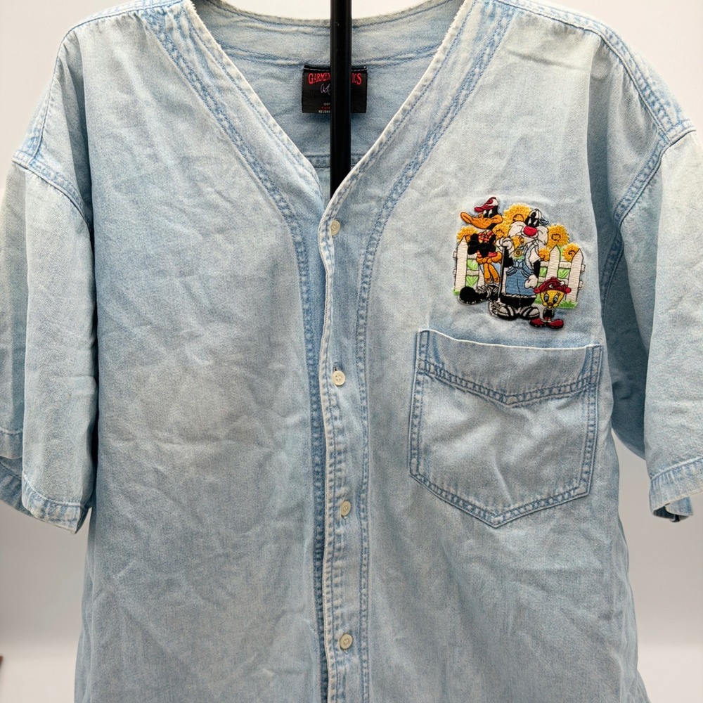 Vintage Garment Graphics Looney Tunes Denim Shirt XL Light Wash Sunflowers‎ 90s